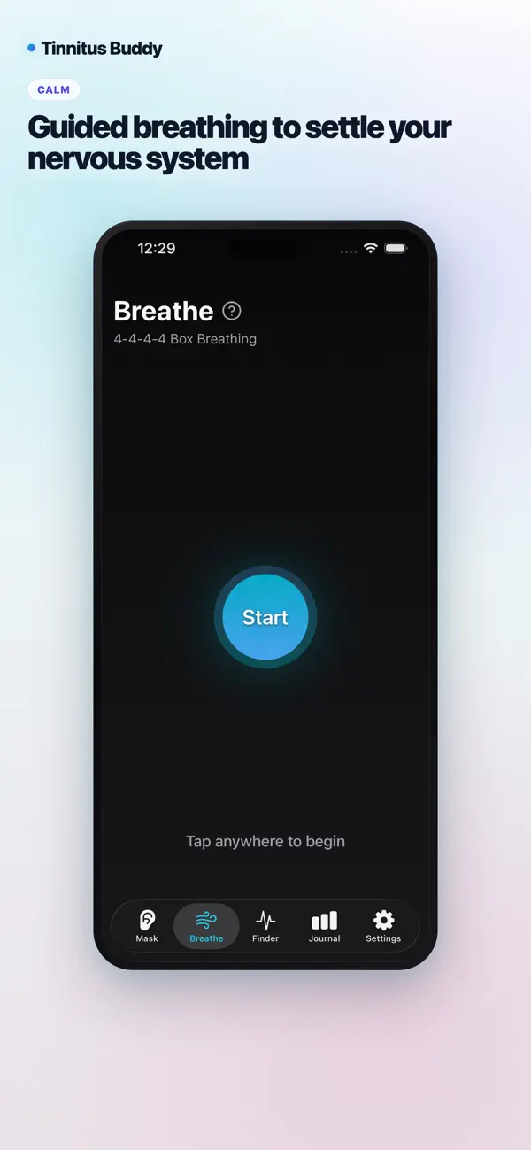 TinnitusBuddy guided breathing screen on iPhone
