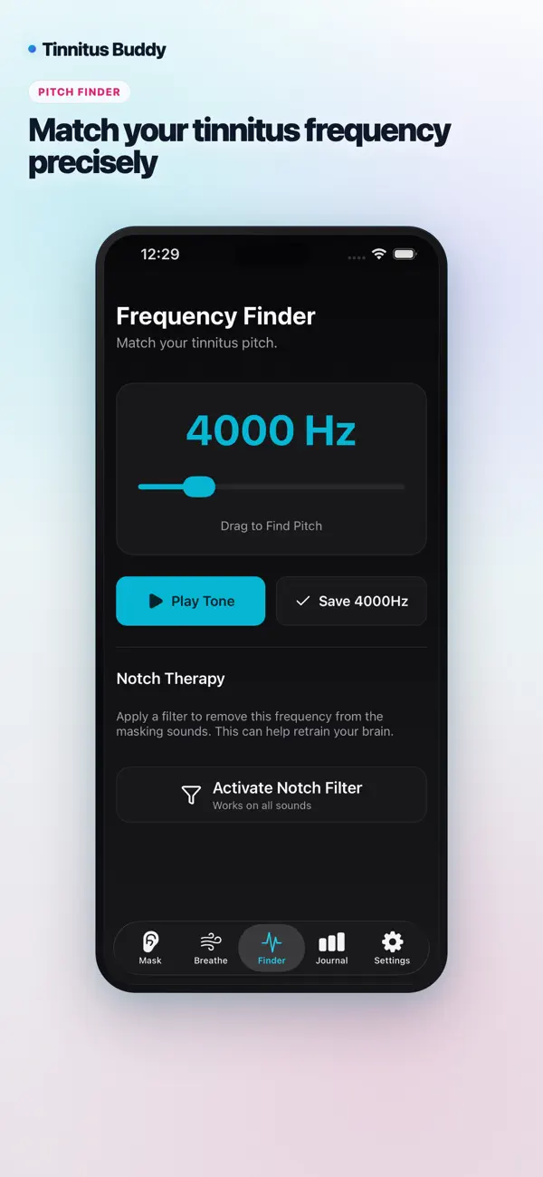 TinnitusBuddy tinnitus pitch finder screen