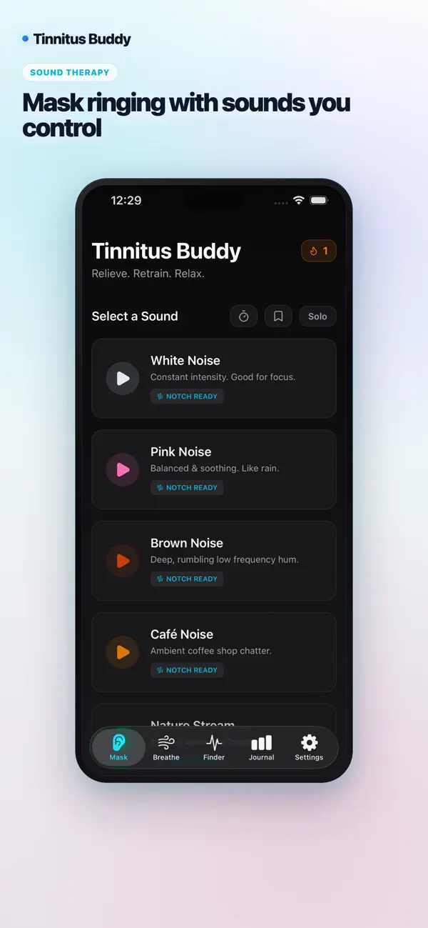 TinnitusBuddy sound therapy screen with white, pink, and brown noise options