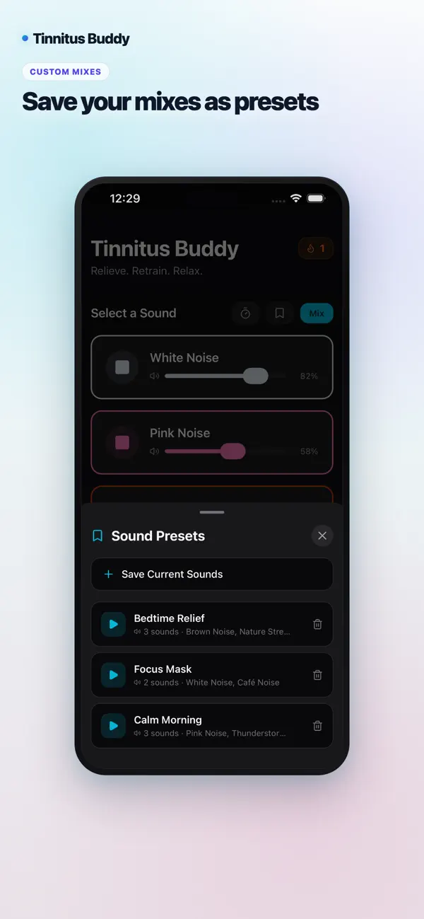 TinnitusBuddy sound presets screen